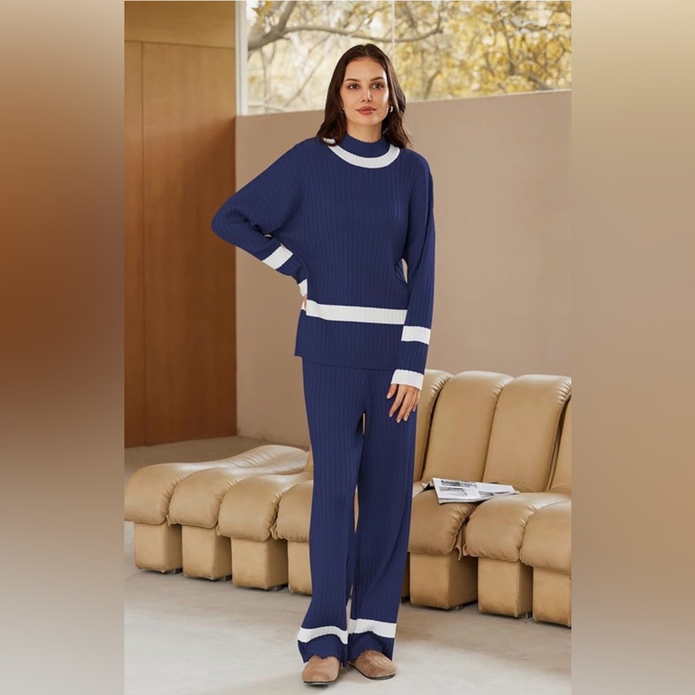 Sincerely Jules Navy and White Striped Ribbed Pant Set